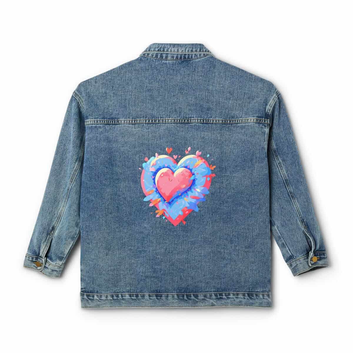 Denim jacket with a vibrant geometric heart design on the back