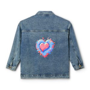 Denim jacket with a vibrant geometric heart design on the back