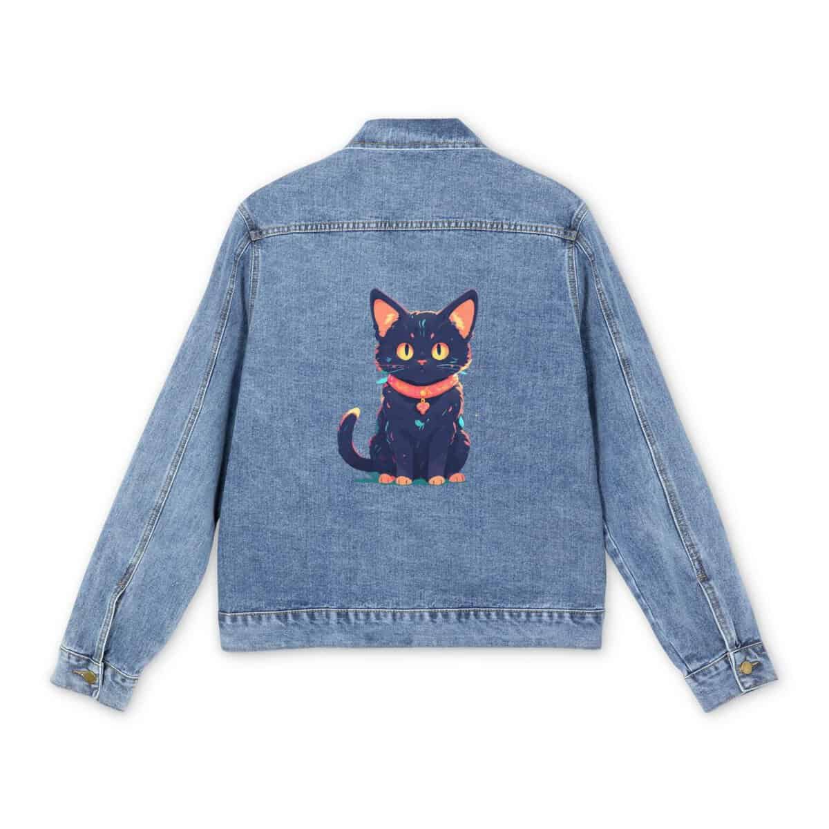 Men's denim jacket with a colorful cat graphic design on the back