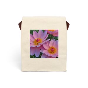 Canvas lunch bag with strap featuring a close-up of pink flowers design