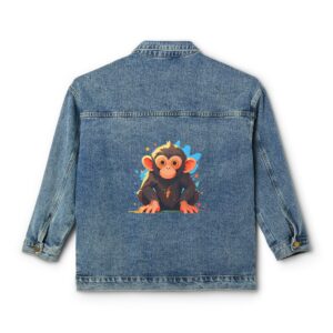 Denim jacket with a colorful monkey design on the back