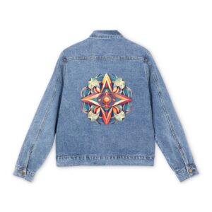 Men's denim jacket with colorful sacred geometric patterns on the back