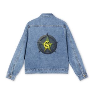 Men's denim jacket with a yellow and black pentagram design on the back