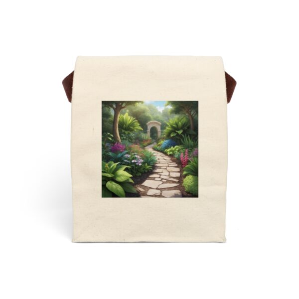 Canvas lunch bag with strap featuring a stone pathway in a lush garden design