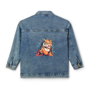 Denim jacket with a colorful tiger design on the back