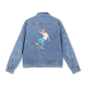 Light blue denim jacket with colorful skateboarder in action design on the back