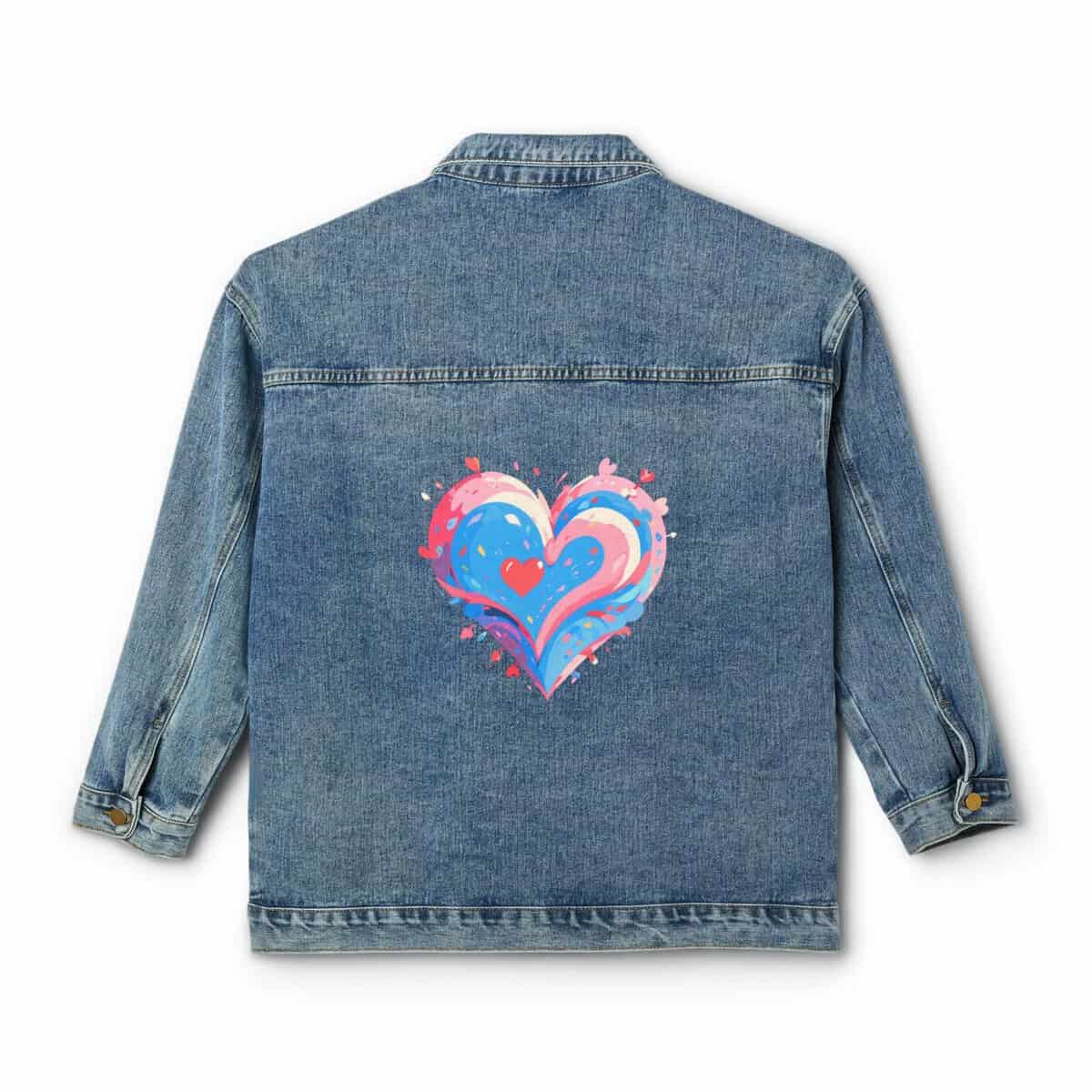 Denim jacket with a colorful geometric heart design on the back