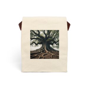 Canvas lunch bag with strap featuring a grand tree with sprawling exposed roots design