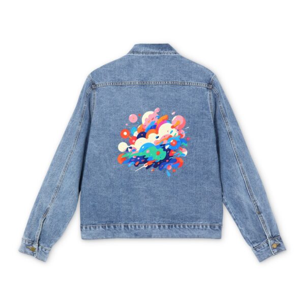 Men's denim jacket with a colorful geometric shapes graphic design on the back