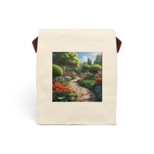 Canvas lunch bag with strap featuring a vibrant formal garden pathway design