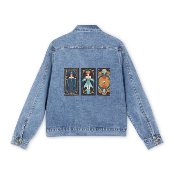 Light blue denim jacket with three colorful tarot card designs on the back