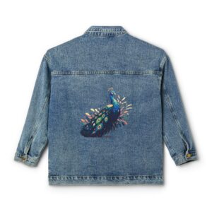 Denim jacket with a colorful peacock design on the back