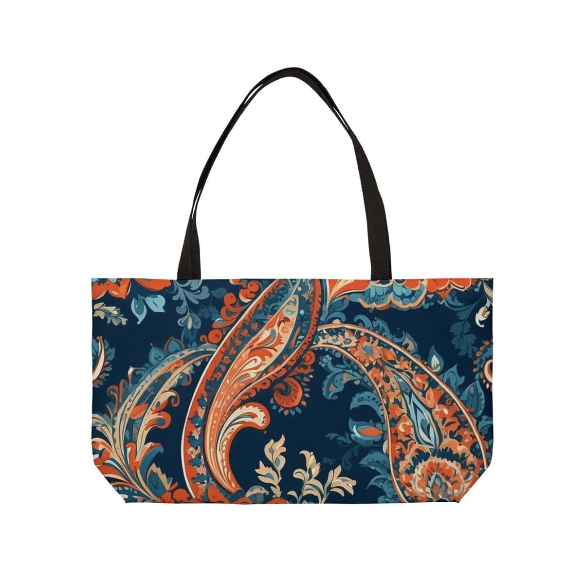 Colorful paisley print weekender tote bag carried by a woman in casual attire