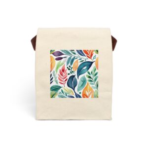 Canvas lunch bag with strap featuring a colorful watercolor leaf pattern design