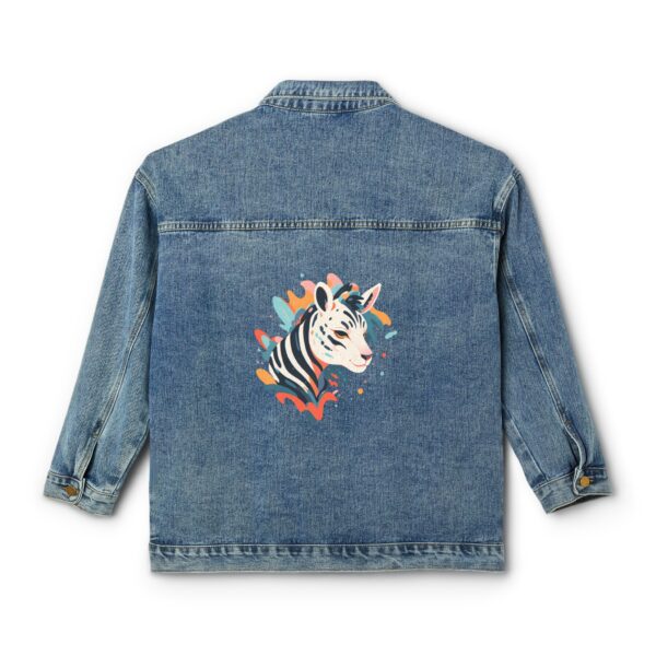 Denim jacket with a colorful zebra design on the back