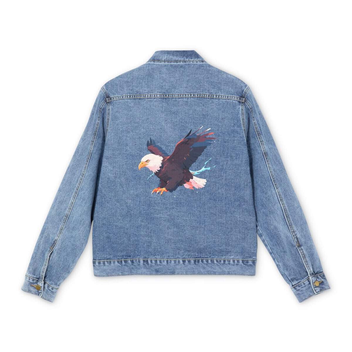 Men's denim jacket with a colorful eagle graphic design on the back