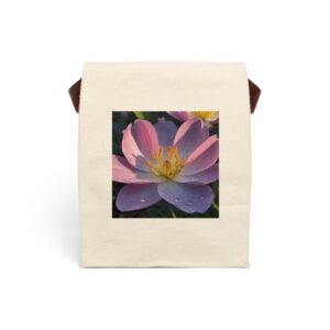 Canvas lunch bag with strap featuring a close-up of a dewy pink flower