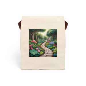 Canvas lunch bag with strap featuring a scenic garden pathway with colorful flowers design