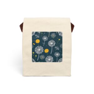 Canvas lunch bag with strap featuring a dandelion seed pattern with yellow accents on a dark background