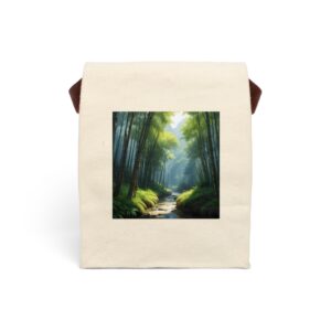 Canvas lunch bag with strap featuring a tranquil bamboo forest scene design