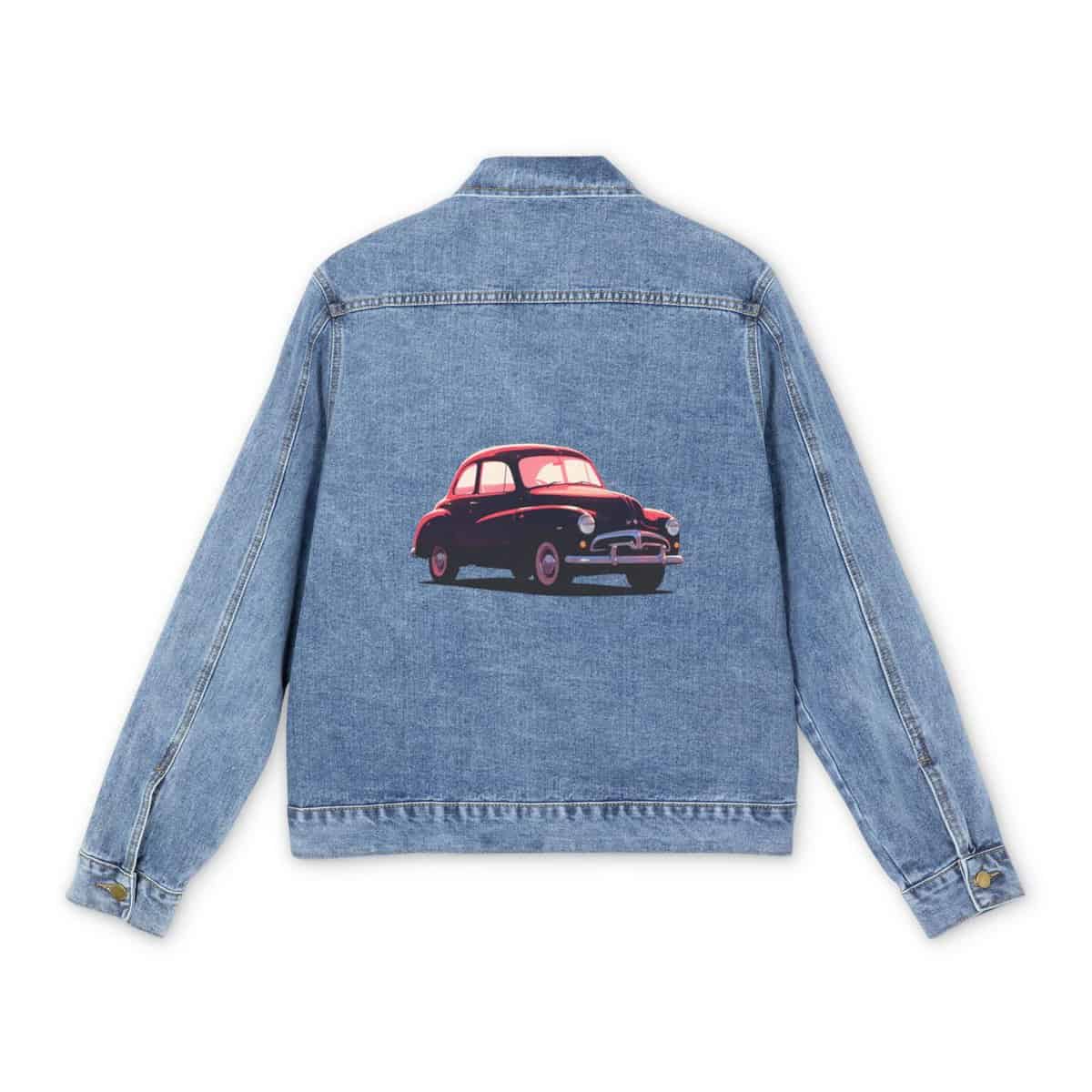 Men's denim jacket with a vintage car graphic design on the back