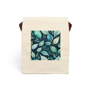 Canvas lunch bag with strap featuring a blue and green watercolor leaves design