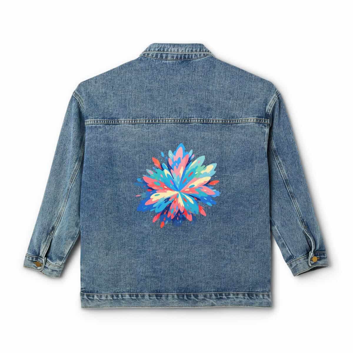 Denim jacket with a vibrant geometric design on the back