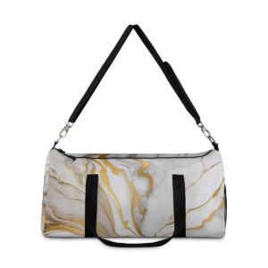 Duffel bag with soft gold and white marble texture and adjustable shoulder strap