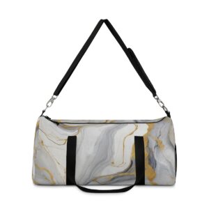 Duffel bag with luxurious gray and gold marble texture and adjustable shoulder strap