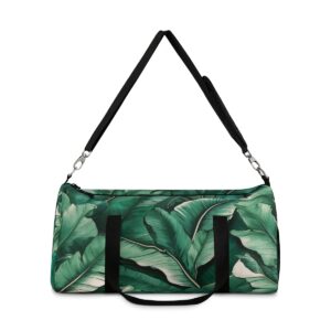 duffel bag with green banana leaf print and detachable shoulder strap