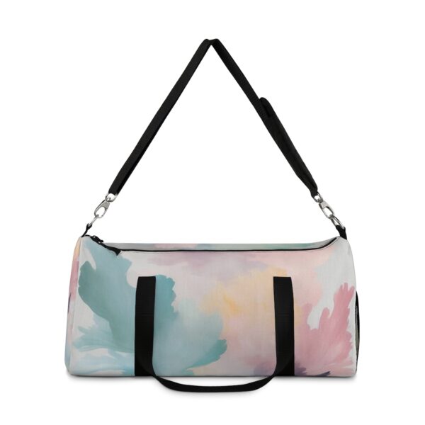 Duffel bag with soft pastel watercolor design and adjustable shoulder strap