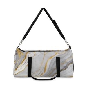 Duffel bag with elegant gray and gold marble texture and adjustable shoulder strap