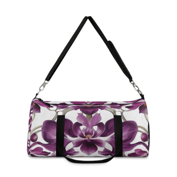 duffel bag with large purple orchid flower design and detachable shoulder strap