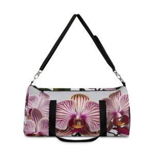 duffel bag with striped orchid flower design and detachable shoulder strap