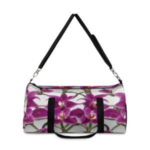 duffel bag with vibrant pink orchid flower design and detachable shoulder strap