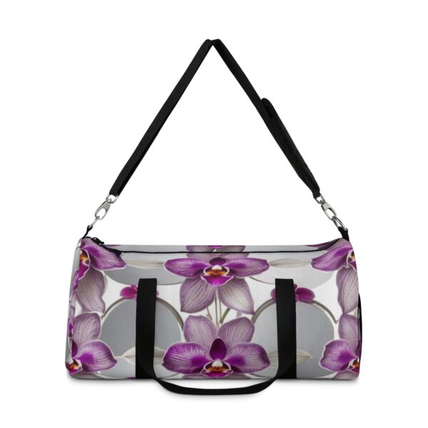 duffel bag with purple orchid flower design and detachable shoulder strap