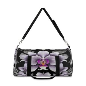 duffel bag with large orchid flower design and detachable shoulder strap