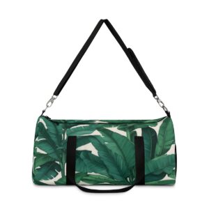 duffel bag with banana leaf pattern and detachable shoulder strap