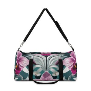 duffel bag with orchid flower design and detachable shoulder strap