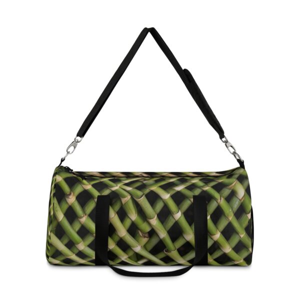 duffel bag with interwoven bamboo stalk pattern and detachable shoulder strap