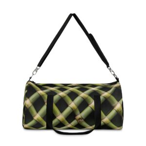 duffel bag with crisscross bamboo stalk pattern and detachable shoulder strap