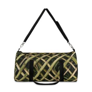 duffel bag with woven bamboo stalk pattern and detachable shoulder strap