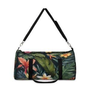 duffel bag with tropical floral and leaf pattern and detachable shoulder strap