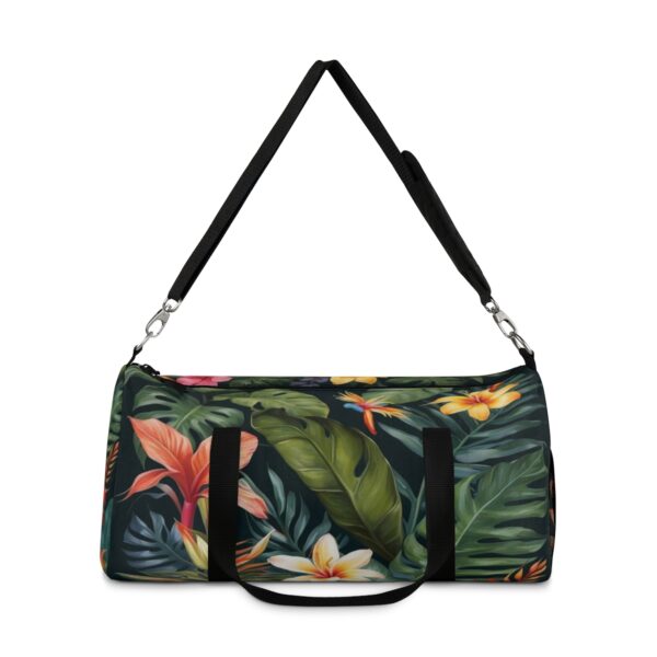 duffel bag with tropical floral and leaf pattern and detachable shoulder strap