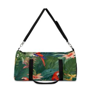 Duffel bag with tropical floral and parrot pattern and adjustable shoulder strap