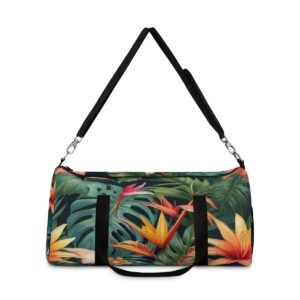 Duffel bag with bold tropical floral pattern and adjustable shoulder strap