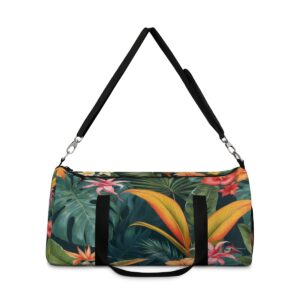 Duffel bag with vibrant tropical floral pattern and adjustable shoulder strap