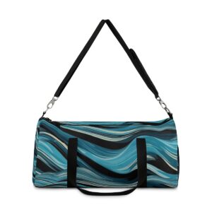 Duffel bag with teal and black flowing wave pattern and adjustable shoulder strap