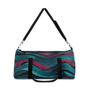 Duffel bag with teal and magenta wave pattern and adjustable shoulder strap