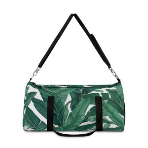 duffel bag with green banana leaf pattern and detachable shoulder strap